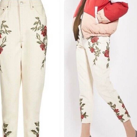 NEW NWT Topshop Moto rose embroidered high waisted cropped Mom jeans 26 - Picture 1 of 4
